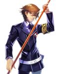  amada_ken armband brown_eyes brown_hair fuji_minako male_focus persona persona_3 persona_4:_the_ultimate_in_mayonaka_arena persona_4:_the_ultimax_ultra_suplex_hold school_uniform simple_background solo 