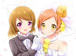  bad_id bad_pixiv_id blush bow bowtie bridal_veil brown_hair center_frills dress formal frilled_shirt_collar frills gloves hair_bow holding_hands hoshizora_rin interlocked_fingers koizumi_hanayo looking_at_viewer love_live! love_live!_school_idol_project love_wing_bell multiple_girls open_mouth orange_hair petals purple_eyes shinekalta short_hair smile suit tuxedo veil wedding_dress white_gloves wife_and_wife yellow_eyes yuri 