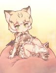 1girl :&lt; animal_ears animal_print bare_shoulders bat_wings bean_bag_chair blonde_hair bow bowtie cat_ears cat_print cat_tail commentary_request common_vampire_bat_(kemono_friends) elbow_gloves eyebrows_visible_through_hair frilled_skirt frills fusion gloves green_eyes high-waist_skirt highres kemono_friends kolshica mewhan no_shoes paw_print sand_cat_(kemono_friends) seiyuu_connection short_hair sitting skirt sleeveless socks tail wings 