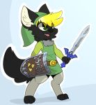  anthro backsash barefoot belt black_fur blonde_hair canid canine canis chest_tuft claws clothing cosplay cute_fangs fur green_eyes hair hat legwear link male mammal master_sword melee_weapon nintendo open_mouth shield simple_background solo sword the_legend_of_zelda tights tuft tunic video_games weapon wolf 