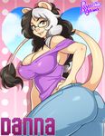  1girl agawa_ryou animal_ears bare_shoulders black_hair breasts brown_eyes copyright_request curvy denim female glasses jeans large_breasts lion_ears lion_tail multicolored_hair pants silver_hair solo standing tail 