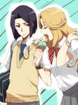  1boy 1girl ayasegawa_yumichika bag bleach blonde_hair bob_cut bracelet eyes_closed food hand_on_another&#039;s_shoulder hand_on_another's_shoulder ice_cream jewelry long_hair matsumoto_rangiku nuku open_mouth purple_eyes purple_hair school_bag school_uniform short_hair sweatdrop watch wristwatch 