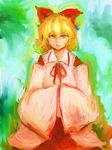  absurdres bad_id bad_pixiv_id blonde_hair bow detached_sleeves gradient gradient_background hair_bow hair_ornament hands_in_opposite_sleeves highres light_smile lips looking_at_viewer oil_painting_(medium) ribbon satsuki_rin short_hair sitting solo touhou traditional_media ybth9190 yellow_eyes 