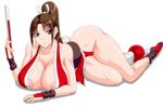  1girl areola_slip areolae breast_rest breasts brown_eyes brown_hair cleavage collarbone erect_nipples fan fatal_fury female huge_breasts king_of_fighters large_areolae long_hair looking_at_viewer lying natsuru_(anglachel) nipples ponytail puffy_nipples shiny shiny_skin shiranui_mai smile snk solo thighs 