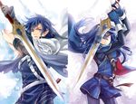  1girl armor belt blue_eyes blue_hair cape falchion_(fire_emblem) father_and_daughter fingerless_gloves fire_emblem fire_emblem:_kakusei gloves hair_between_eyes krom long_hair lowah lucina open_mouth short_hair shoulder_pads sword tiara weapon 