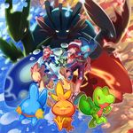  1girl backpack bag bike_shorts blaziken brown_hair combusken fanny_pack gen_3_pokemon glowing glowing_eyes groudon grovyle hair_ribbon haruka_(pokemon) hat highres holding holding_poke_ball huan_li kyogre marshtomp mega_blaziken mega_pokemon mega_sceptile mega_swampert mudkip open_mouth pointing poke_ball pokemon pokemon_(creature) pokemon_(game) pokemon_oras premier_ball primal_groudon primal_kyogre ribbon sceptile shirt shorts sleeveless sleeveless_shirt swampert torchic treecko wristband yuuki_(pokemon) 