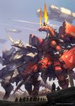  aircraft airplane airship blue_sky cloud crowd dragon flag flying highres male_focus mecha monster multiple_boys original people pole robot signature sky takayama_toshiaki 