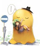  1girl ? c.c. chain cheese-kun code_geass creayus cuffs green_eyes green_hair hat holding looking_at_viewer parody road_sign sign tonari_no_totoro totoro_bus_stop yellow_eyes 