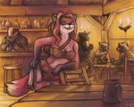  anthro beer beverage blue_eyes breasts canine cloth female fox fur gloves_(marking) hair hand_on_hip holding looking_at_viewer male mammal markings pink_fur pub red_hair tpf1990 