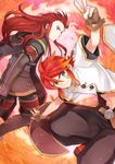  asch boots fiery_background fingerless_gloves fire gloves green_eyes jacket long_hair luke_fon_fabre male_focus multiple_boys pants red_hair surcoat tales_of_(series) tales_of_the_abyss touge78 v 