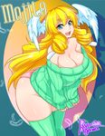  1girl agawa_ryou ass bare_shoulders blonde_hair blue_eyes breasts cleavage copyright_request curvy eyebrows feathers female huge_ass huge_breasts leaning_forward legwear long_hair no_bra no_pants open_mouth panties pink_panties plump solo standing sweater thick_eyebrows thighhighs underwear white_wings wide_hips wings 