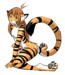  breasts brown_hair butt digitigrade fangs female flora_(twokinds) fur hair hindpaw long_hair looking_at_viewer moomanibe nude open_mouth orange_fur pawpads paws plain_background sitting slit_pupils small_breasts smile solo stripes teeth tongue twokinds webcomic white_background yellow_eyes 
