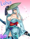  1girl agawa_ryou bare_shoulders blue_eyes blue_hair breasts copyright_request curvy female fingerless_gloves gloves hat huge_breasts japanese_clothes katana kimono lips long_hair no_bra solo standing sword weapon 