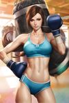  abs blue_eyes boxing_gloves breasts brown_hair cleavage hand_on_hip highres large_breasts lips long_hair looking_at_viewer md5_mismatch medium_breasts midriff mouth_hold navel original ponytail punching_bag shirt short_shorts shorts solo sports_bra stanley_lau taut_clothes taut_shirt toned 