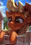  2019 applejack_(mlp) assasinmonkey cowboy_hat equine female fence friendship_is_magic frown hat horse mammal my_little_pony outside pony sky solo 