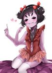  1girl black_hair bow bug dress extra_eyes fangs highres insect_girl monster_girl muffet multiple_arms purple_skin red_bow red_dress short_dress short_hair solo spider spider_girl thighhighs undertale 
