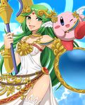  bad_id bad_pixiv_id blue_eyes green_eyes green_hair jewelry kid_icarus kirby kirby_(series) long_hair necklace one_eye_closed palutena riko_(sorube) shield single_thighhigh smile staff super_smash_bros. thighhighs tiara very_long_hair 