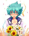  aqua_eyes aqua_hair blush bouquet confetti face flower johan_andersen looking_at_viewer open_mouth solo_focus tobi_(one) upper_body white_background yuu-gi-ou yuu-gi-ou_gx 