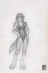  breasts canine chest_tuft claws digitigrade female fur hair kman-studio long_hair looking_at_viewer mammal monochrome original_character paws plain_background sketch smile solo swimsuit traditional_media tuft white_background wolf 