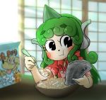  1girl black_eyes bowl chamaji commentary_request curly_hair dog_food eating green_hair holding_newspaper horn komano_aun newspaper reading red_shirt shirt solo spoon touhou 