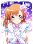 bad_id bad_pixiv_id blue_eyes brown_hair flower gloves hair_flower hair_ornament hands_on_own_chest highres kousaka_honoka long_hair looking_at_viewer love_live! love_live!_school_idol_project one_side_up parted_lips shinekalta snow_halation snowing solo winter_clothes 