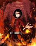  alchemist_(sekaiju) bad_id bad_pixiv_id black_hair christiana_(manager_i_c) fire glasses polearm sekaiju_no_meikyuu sekaiju_no_meikyuu_2 short_hair solo spear weapon 