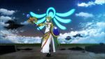  1girl animated animated_gif ass blue_sky breasts cloud collarbone dress green_eyes green_hair jewelry kid_icarus legs legwear long_hair lots_of_jewelry lowres medium_breasts necklace nintendo palutena sky solo super_smash_bros. very_long_hair white_dress 