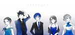  3girls aegis_(persona) android blue_hair bow dress flower formal hat highres iori_junpei jewelry mentaishi multiple_boys multiple_girls persona persona_3 ribbon short_hair smile takeba_yukari yamagishi_fuuka yuuki_makoto 