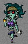  biting_lip clothing ear_piercing female green_skin headband looking_at_viewer piercing pointy_ears red_eyes rottytops shantae_(series) solo torn_clothing undead zombie 