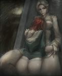  ass dark_souls_ii emerald_herald gray_bear grey_hair hand_on_another's_shoulder hug multiple_girls nashandra off_shoulder panties rain red_hair smile souls_(from_software) thong underwear wet wet_clothes yuri 