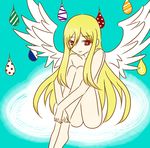  afuro_terumi androgynous angel_wings barefoot blonde_hair inazuma_eleven inazuma_eleven_(series) long_hair looking_at_viewer male_focus morita_xiaxuan nude otoko_no_ko red_eyes smile solo very_long_hair wings 