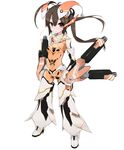  ahoge arm_cannon bodysuit brown_eyes hair_ornament highres long_hair looking_at_viewer morino_donguri orange_bodysuit phantasy_star phantasy_star_online_2 skin_tight smile solo twintails weapon white_background zelsius 