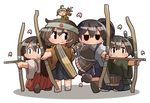  akagi_(kantai_collection) archery bad_id bad_pixiv_id black_eyes black_hair black_legwear bow_(weapon) brown_eyes brown_hair chibi fairy_(kantai_collection) flight_deck gloves hachimaki headband hiryuu_(kantai_collection) japanese_clothes kaga_(kantai_collection) kakuzatou_(koruneriusu) kantai_collection kyuudou long_hair multiple_girls muneate partly_fingerless_gloves petals remodel_(kantai_collection) short_hair side_ponytail single_glove skirt smile souryuu_(kantai_collection) tomonaga_squadron_pilot_(kantai_collection) weapon yugake 