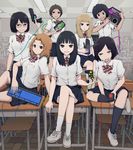  :d :p black_eyes black_hair black_legwear blonde_hair boombox brown_hair chestnut_mouth classroom commentary controller crossed_legs desk dress_shirt dualshock game_controller gamepad glasses gun highres keyboard_(computer) kneehighs long_hair multiple_girls open_mouth original pleated_skirt power_glove school_desk school_uniform shirt shoes short_hair sitting skirt smile sneakers socks tongue tongue_out toy_gun v-shaped_eyebrows weapon white_legwear wire yajirushi_(chanoma) 