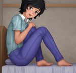  aoi_honou barefoot bed black_hair brown_eyes denim feet hand_on_own_knee hands_on_feet highres jeans looking_at_viewer on_bed open_mouth pants pillow shirt short_hair sitting smile solo striped striped_shirt toumi_(sr) wall 