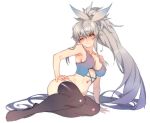  1girl armpits blush bow eyebrows_visible_through_hair grey_hair hand_on_floor hand_on_hip long_hair one_eye_closed original pink_eyes see-through silver_hair simple_background sitting smile solo thighhighs very_long_hair white_background zuizi 