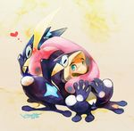  animal_costume artist_name blue_eyes blush facial_hair frog frog_costume gen_6_pokemon greninja heart mario mario_(series) mustache pokemon pokemon_(creature) sitting super_mario_bros. super_smash_bros. tokino_hitonatsu 