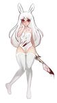  animal_ears blood clothed clothing corset creepy female hair herm human intersex knife legwear long_hair looking_at_viewer mammal picorna plain_background rabbit_ears red_eyes satin_(character) smile solo standing stockings thigh_highs white_background white_hair yandere 