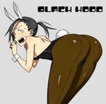  animal_ears ass bent_over black_hair black_hood blue_eyes breasts bunny_ears bunny_tail bunnysuit kamezaemon multicolored_hair open_mouth original pantyhose small_breasts solo standing tail two-tone_hair white_hair wrist_cuffs 