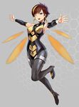  ;d armpits avengers bare_shoulders blue_eyes bodysuit brown_hair detached_sleeves disk_wars:_avengers earrings high_heels highres hips insect_wings jewelry marvel one_eye_closed open_mouth saku short_hair smile solo wasp_(marvel) wings 