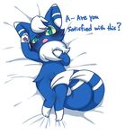  chest_tuff embarrassed hair_tuft japanese_meowstic japanese_text kemono looking_at_viewer lying male meowstic navel nintendo on_back open_mouth pok&#233;mon pok&eacute;mon sheets solo text video_games 