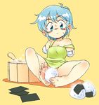  :c amputee bandages bare_legs bare_shoulders barefoot blue_eyes blue_hair blush collarbone cooking double_amputee eyebrows_visible_through_hair feet food foot_hold full_body nose_blush onigiri original oyatsu_(mk2) short_hair sitting soles solo sweat yellow_background 