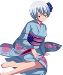  barefoot breasts brown_eyes deviantart_sample fairy_tail floral_print flower hair_flower hair_ornament highres image_sample japanese_clothes kimono looking_at_viewer short_hair silver_hair sitting solo wavy_mouth yukino_aguria 