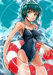  absurdres bad_id bad_pixiv_id competition_school_swimsuit green_hair highres innertube one-piece_swimsuit original puma_(hyuma1219) school_swimsuit short_hair solo swimsuit yellow_eyes 