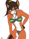  bikini breasts brown_fur brown_hair canine female fox fur green_eyes hair looking_at_viewer mammal open_mouth orange_fur plain_background solo space_invaders spicyocean swimsuit white_background white_fur 