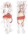  arms_up bed_sheet blush breasts bun_cover cleavage dakimakura double_bun highres hood hoodie loose_thighhigh lying medium_breasts multiple_views navel open_clothes open_shirt original panties ragho_no_erika red_eyes shirt silver_hair striped striped_panties thighhighs underwear undressing white_legwear 