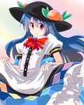  bad_id bad_pixiv_id blue_hair blush dress dress_lift fa_no_hito food frills fruit hat hinanawi_tenshi long_hair peach red_eyes solo touhou when_you_see_it 