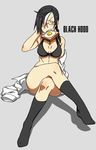  black_hair black_hood blue_eyes bra braid breasts cross crossed_legs food food_in_mouth fried_egg glasses highres jewelry kamezaemon kneehighs medium_breasts mouth_hold multicolored_hair necklace original sitting solo toast toast_in_mouth two-tone_hair underwear white_hair 