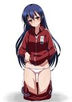  blue_hair blush gym_uniform inue_shinsuke jacket kneeling lifted_by_self long_hair love_live! love_live!_school_idol_project panties pants pants_down pants_pull shirt_lift simple_background solo sonoda_umi track_jacket track_pants track_suit underwear very_long_hair white_background white_panties yellow_eyes zipper 