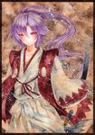  bad_id bad_pixiv_id hakama japanese_clothes kataginu katana long_hair meira ponytail purple_hair qqqrinkappp red_eyes samurai sarashi smile sword texture touhou touhou_(pc-98) weapon wide_sleeves 